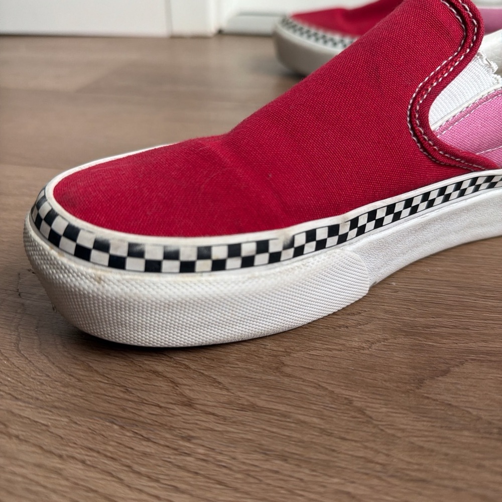 Vans Red & Pink Platform Slip-On Sneakers with Checkered Accent - Picture 6 of 8